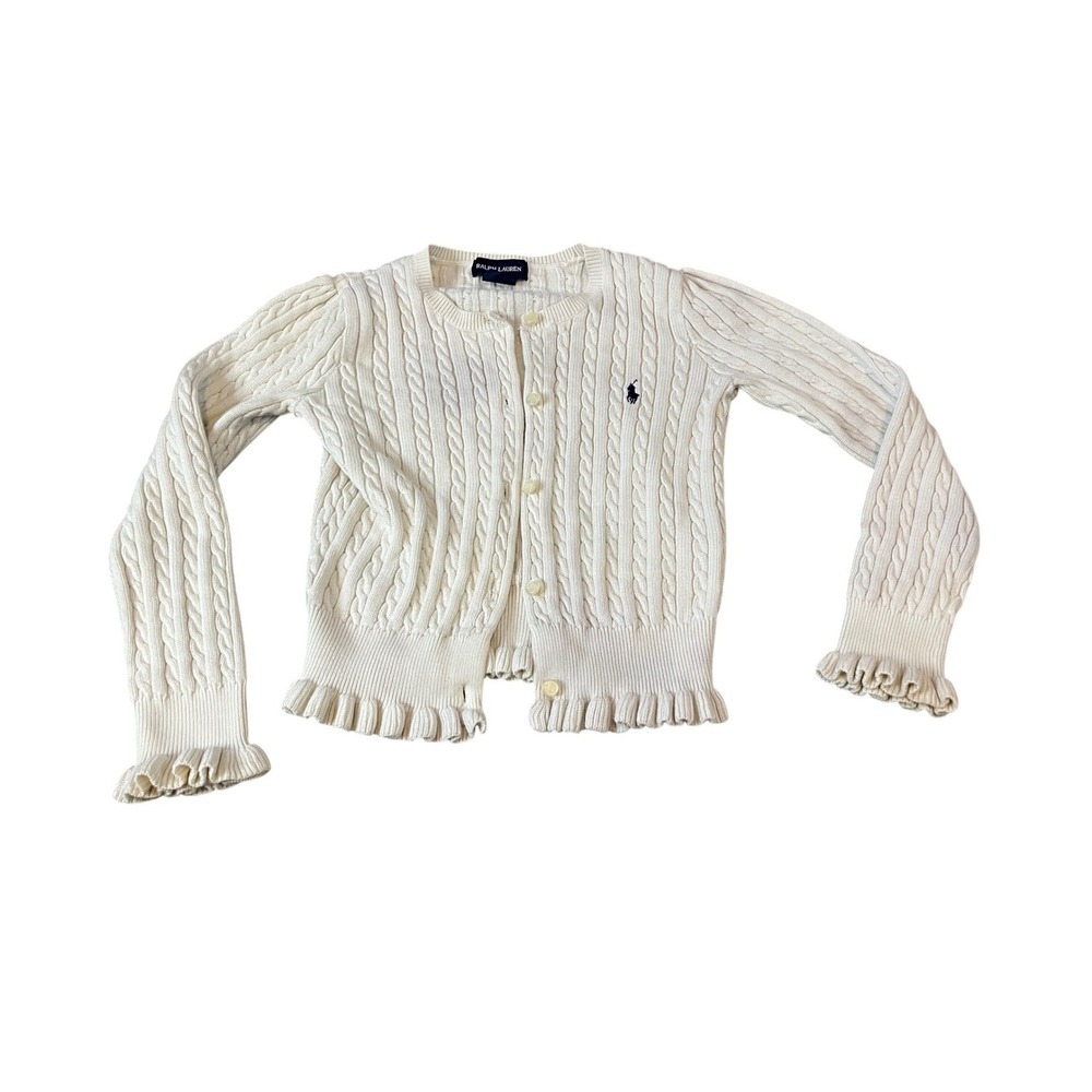 Ralph Lauren Girls Cream Cable Knit Ruffle Cardigan Sweater Size 6 Navy Pony